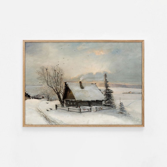 Rustic Winter Oil Painting Vintage Cottage Print Rustic Snow Winter Wall Art Antique Moody Country Vintage Farmhouse Painting