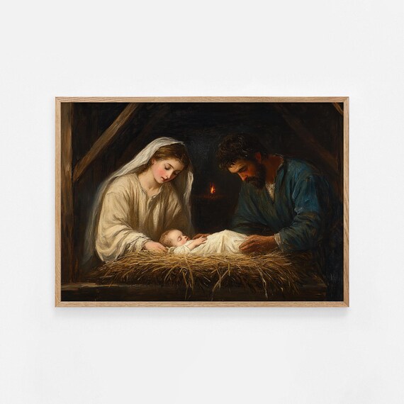 Mary Joseph and Baby Jesus Manger Classical Nativity Art Poster