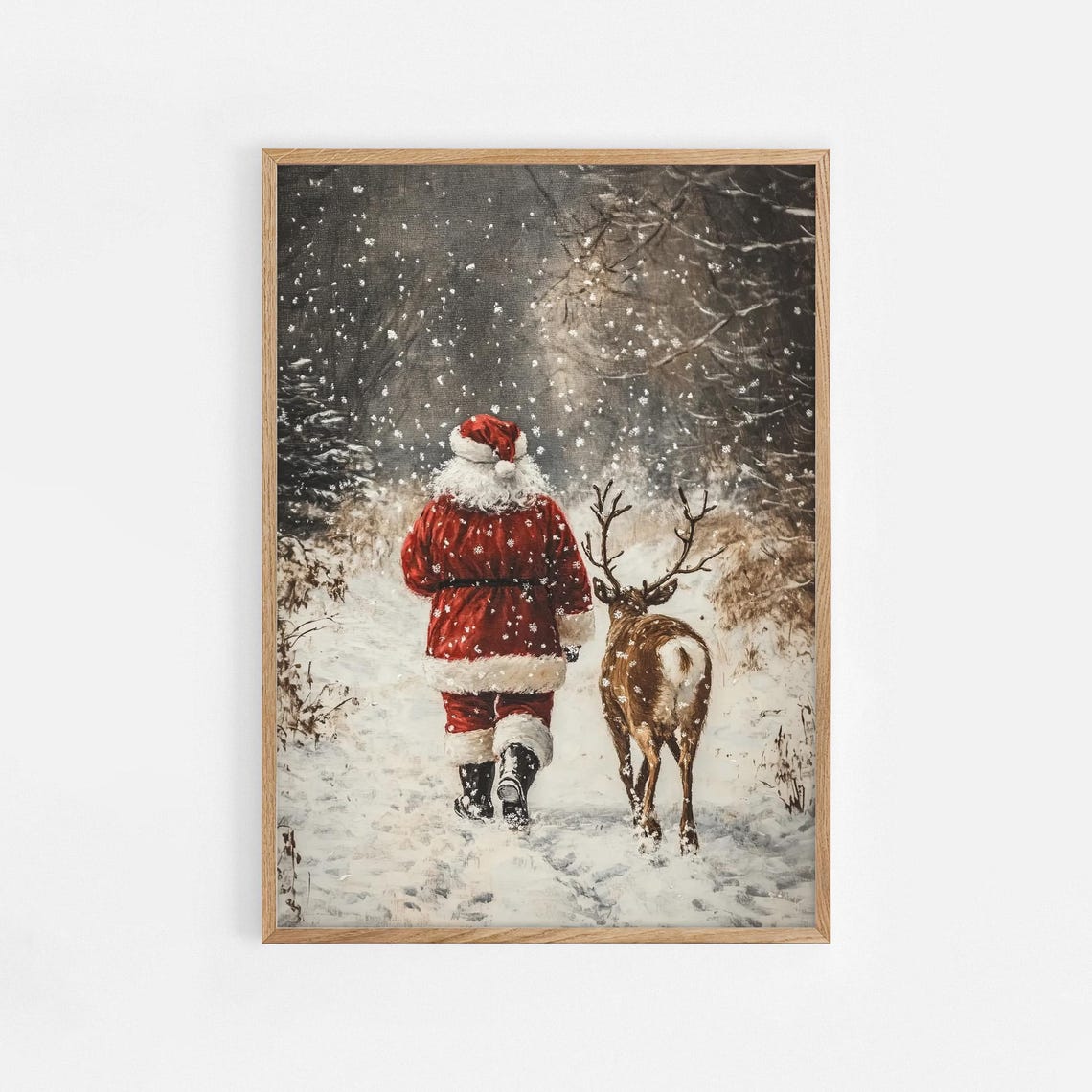 Santa Claus and Reindeer Snowy Forest Falling Snow Art Poster