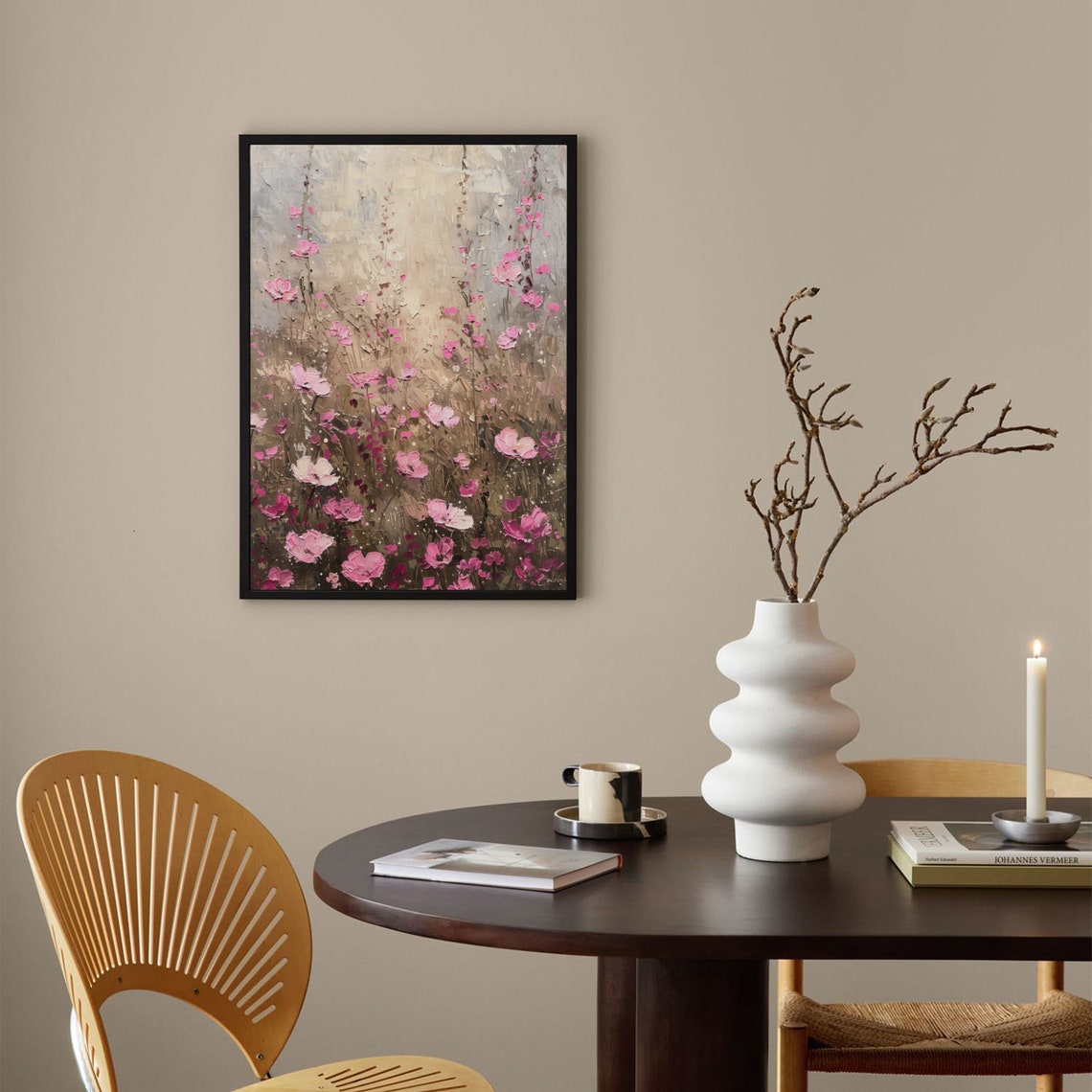 Wildflower Field Landscape Oil Painting Vintage Farm House Country Field Landscape Oil Painting Art - Image 2