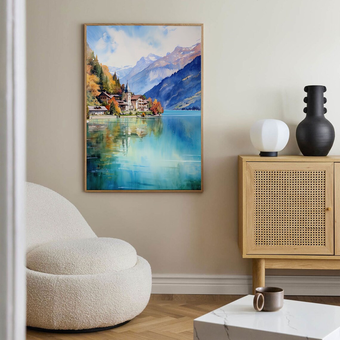 Alpine Lake Village Watercolor Autumn Mountains Lakeside Church Poster - Image 3