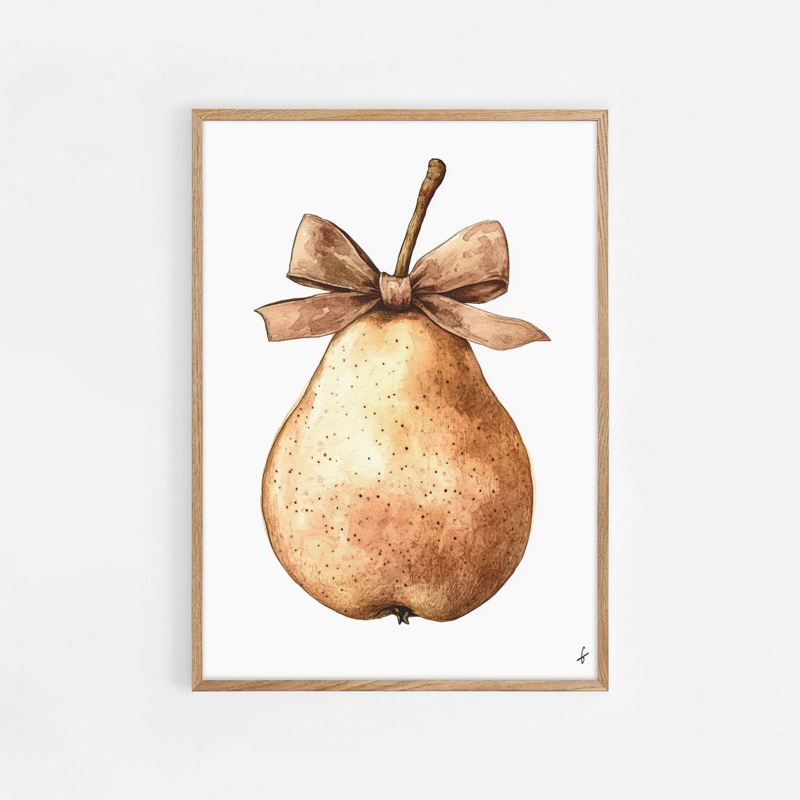 Watercolor Pear Beige Bow Minimalist Fruit Kitchen Art Poster