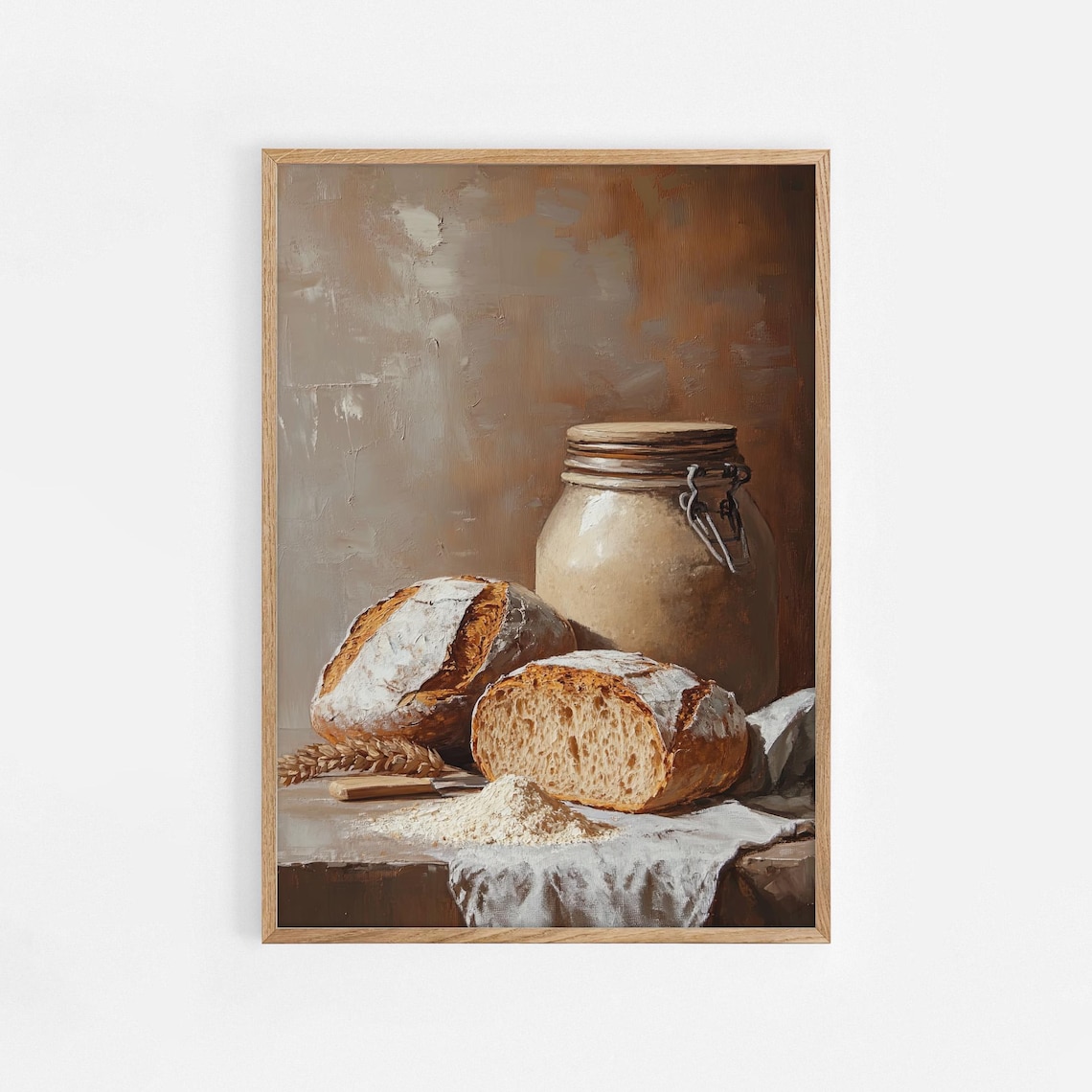 Rustic Bread And Flour Still Life Oil Painting Poster Farmhouse Kitchen Art