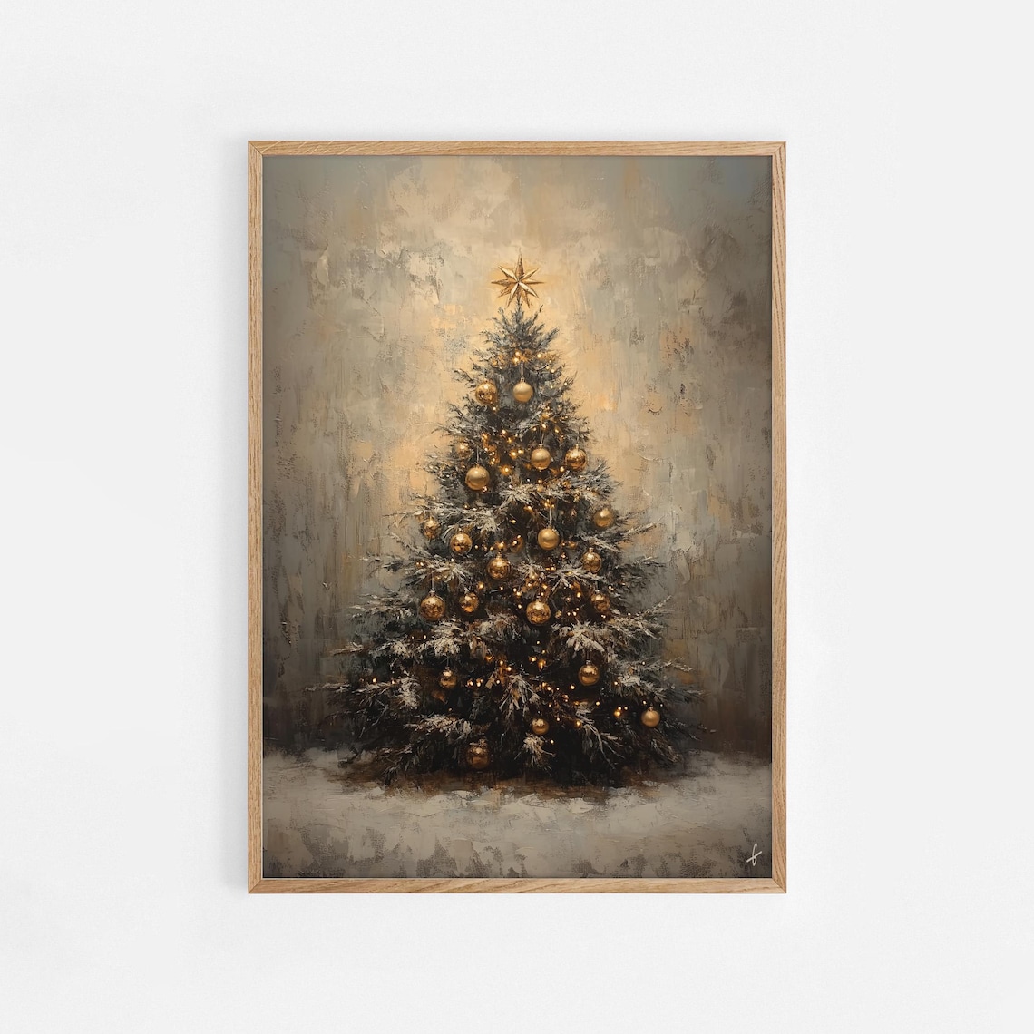 Snowy Christmas Tree Gold Baubles Moody Winter Holiday Poster