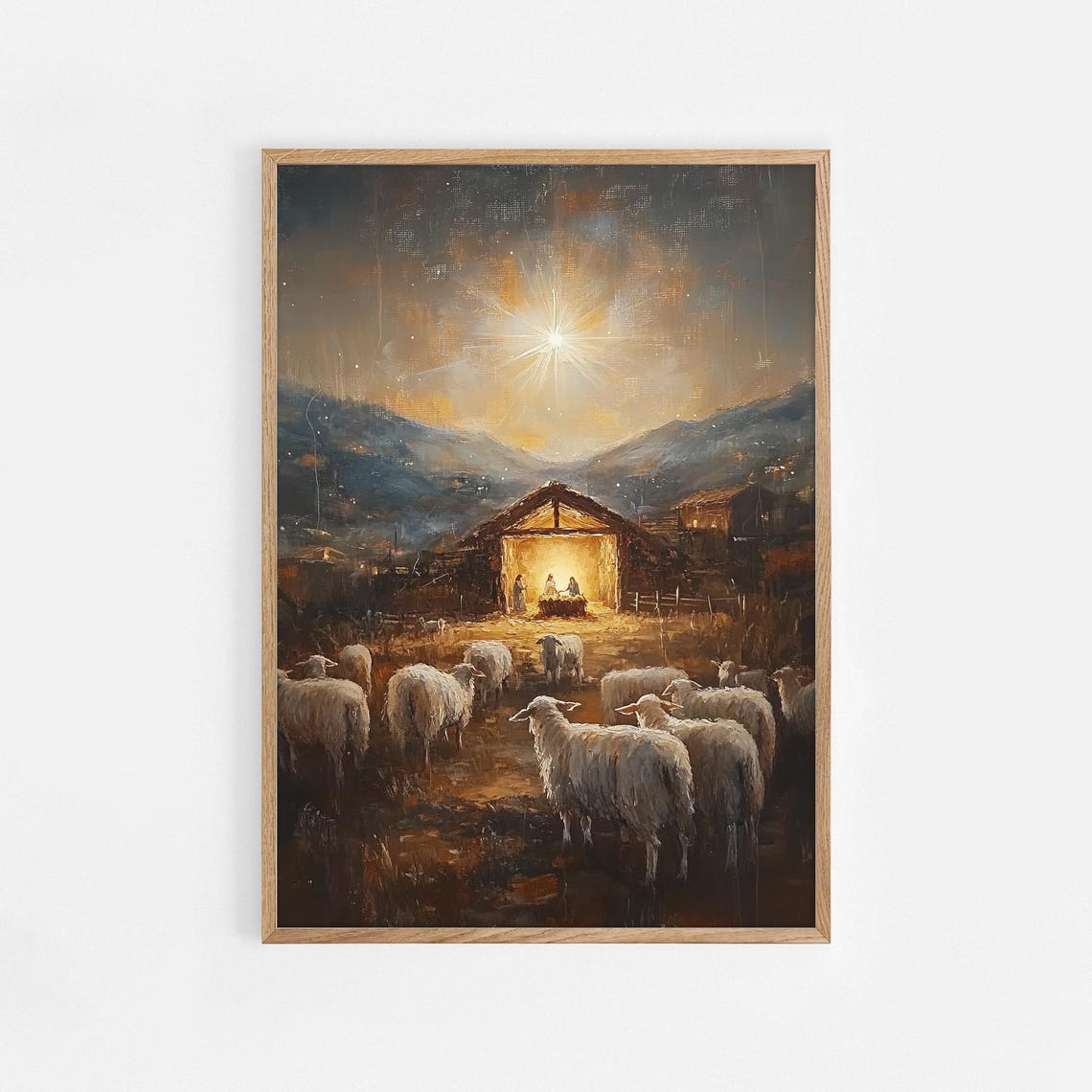 Shepherds and Sheep Nativity Stable Starry Night Christmas Poster