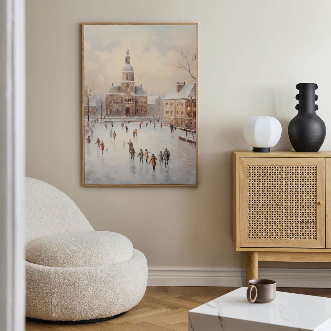Winter Town Square Ice Skating Vintage Church Tower Scene Poster - Image 2