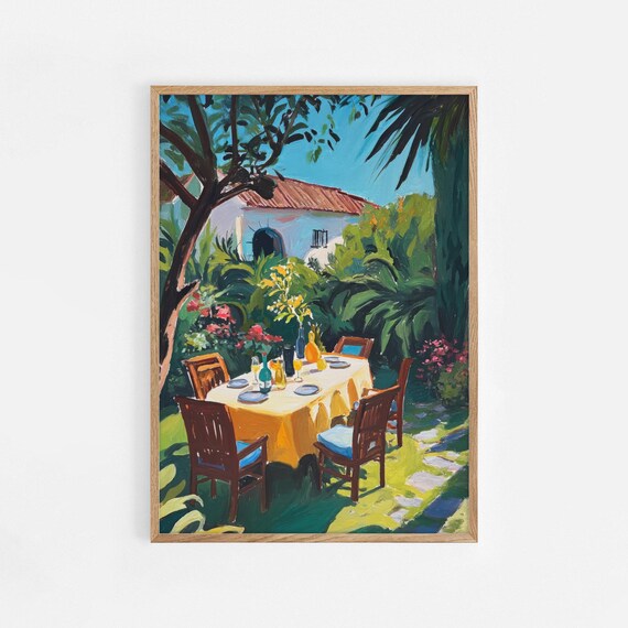 Mediterranean Garden Wall Art Print Outdoor Dining Poster Courtyard Painting Summer Patio Decor Alfresco Lunch Illustration 1101