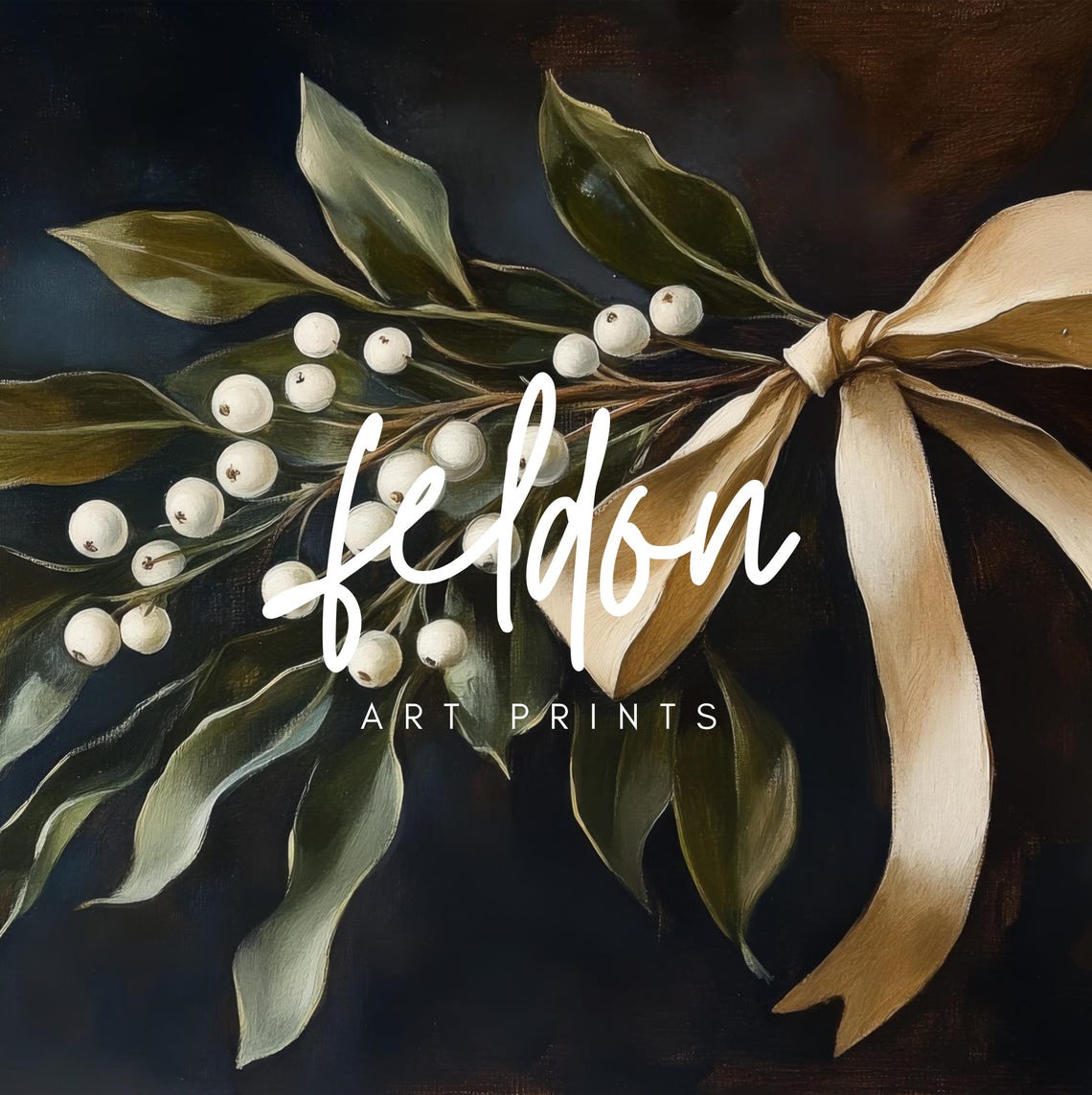 Dark Moody Mistletoe White Berries Champagne Bow Holiday Poster - Image 2