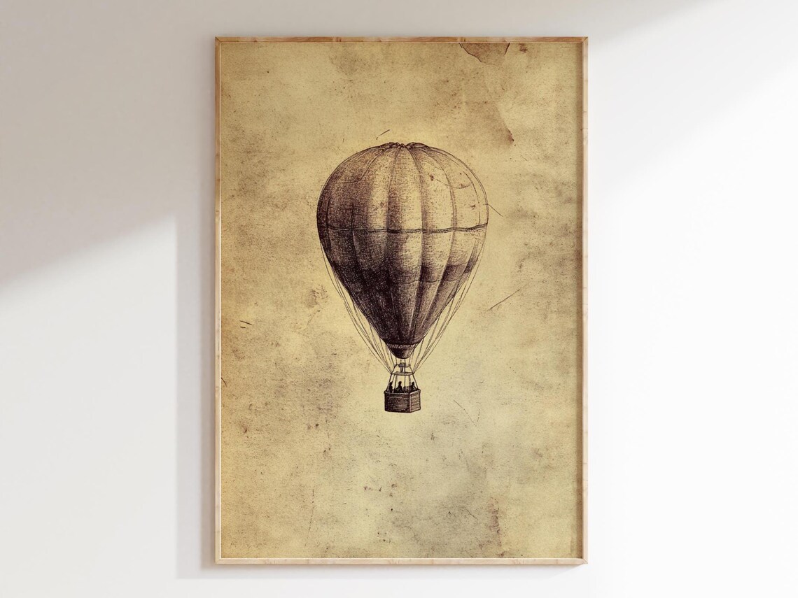 Vintage Hot Air Balloon Engraving Sketch Antique Aviation Wall Art