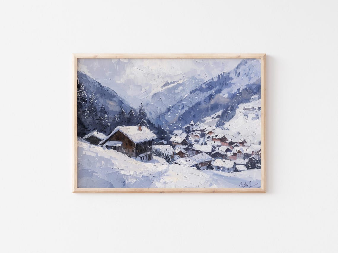 Snowy Alpine Mountain Village Chalets Winter Twilight Travel Poster - Image 2