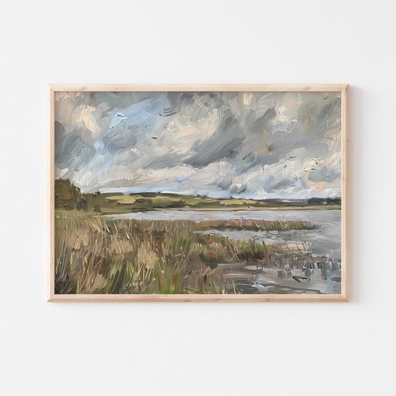 Vintage Landscape Painting Rustic Country Artwork Print Farmhouse Wall Decor Muted Neutral Pond And Field Art