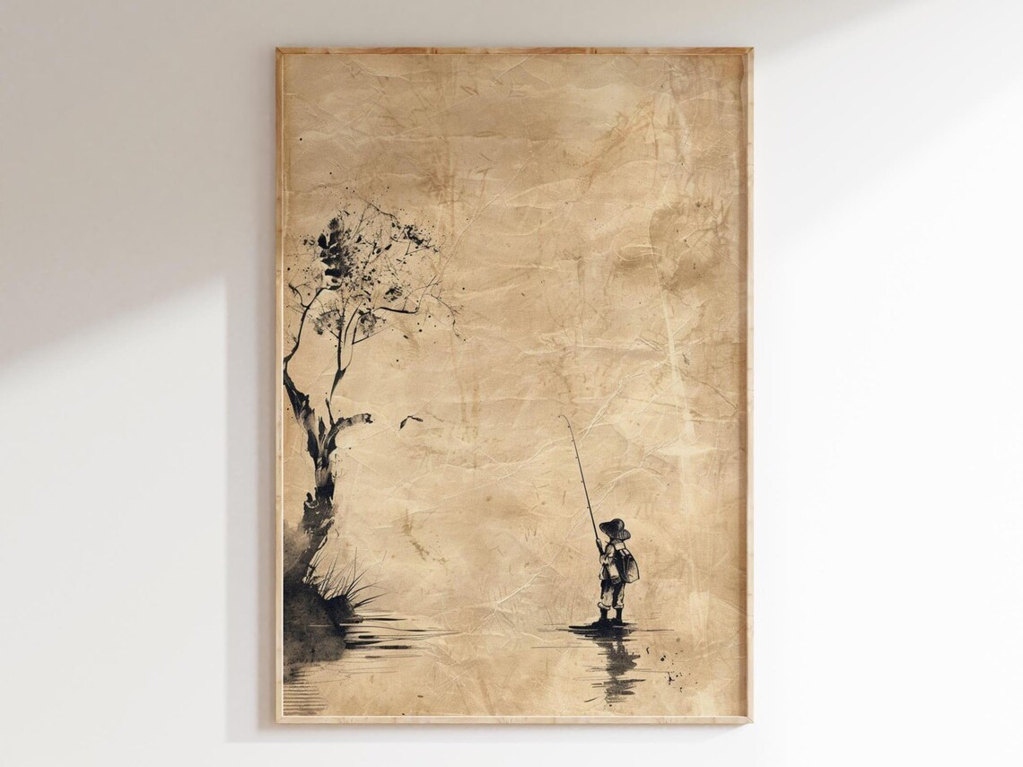 Boy Fishing Ink Sketch Minimalist Vintage Parchment Wall Art Poster