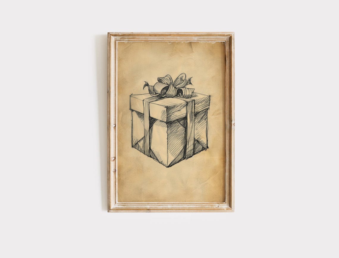 Pencil Sketch Gift Box With Ribbon Bow Vintage Christmas Art Print - Image 2