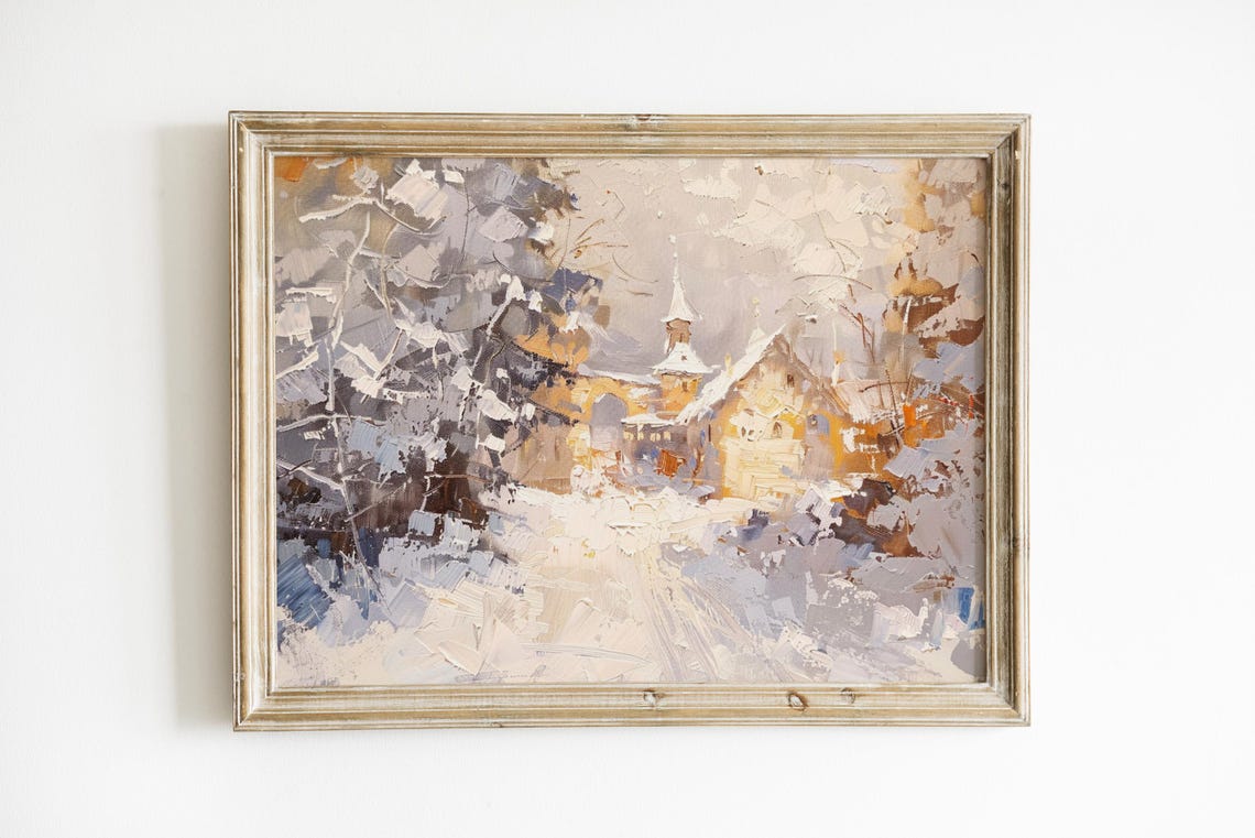Impressionist Snowy Village Church Steeple Winter Morning Art Poster