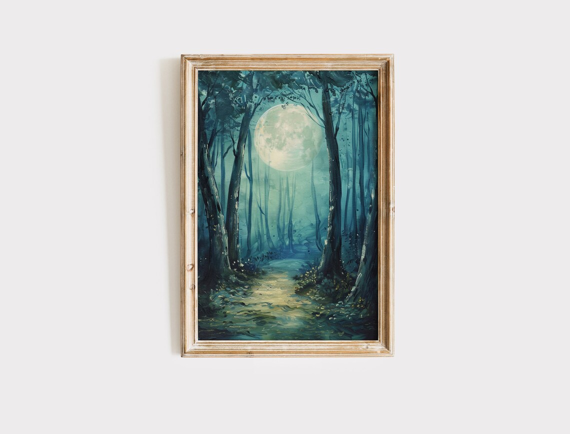 Full Moon Misty Teal Forest Path Serene Moonlit Woods Halloween Wall Art Poster - Image 2