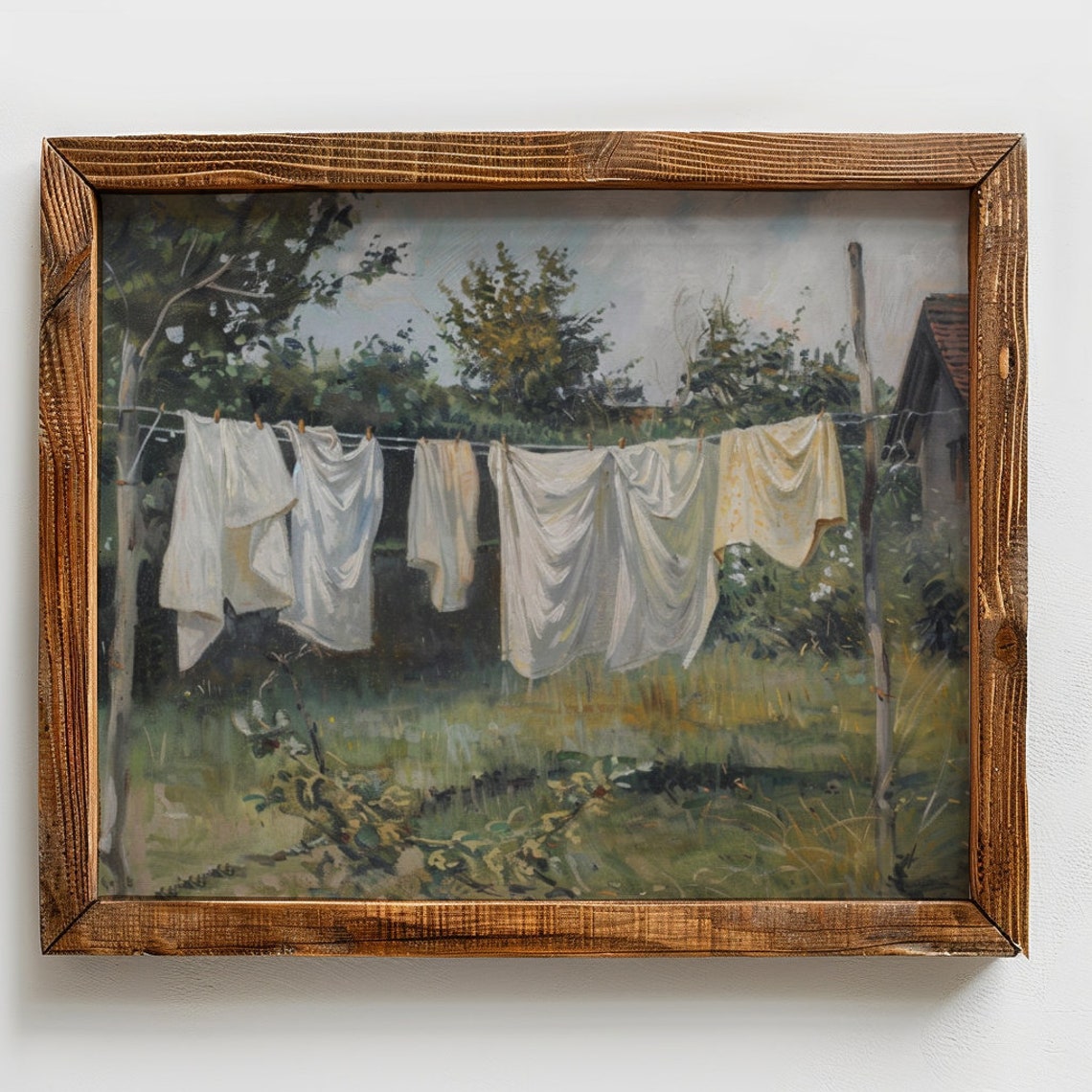 Vintage Laundry Room Art Clothesline Oil Painting Wall Decor Rustic Farmhouse Print Hanging Clothes - Image 2