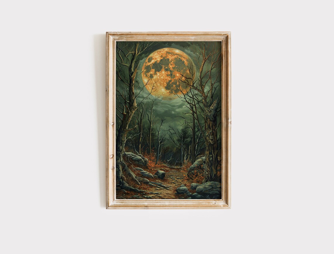 Spooky Haunted Forest Full Moon Bare Trees Orange Harvest Moon Halloween Art Print - Image 2