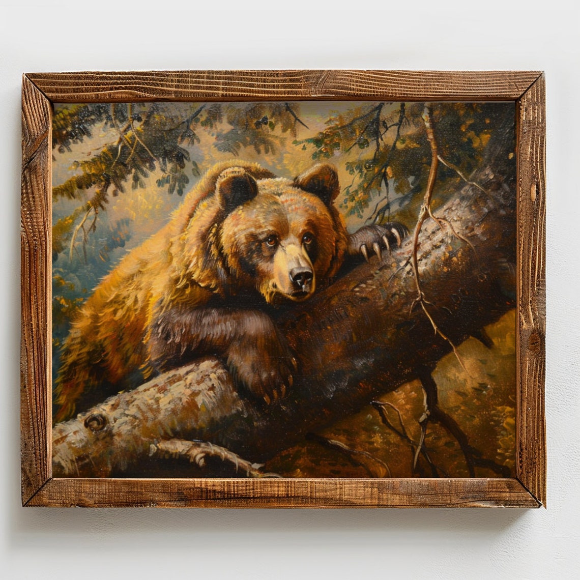 Brown Bear Resting on Tree Branch Warm Oil Woodland Nature Poster - Image 2
