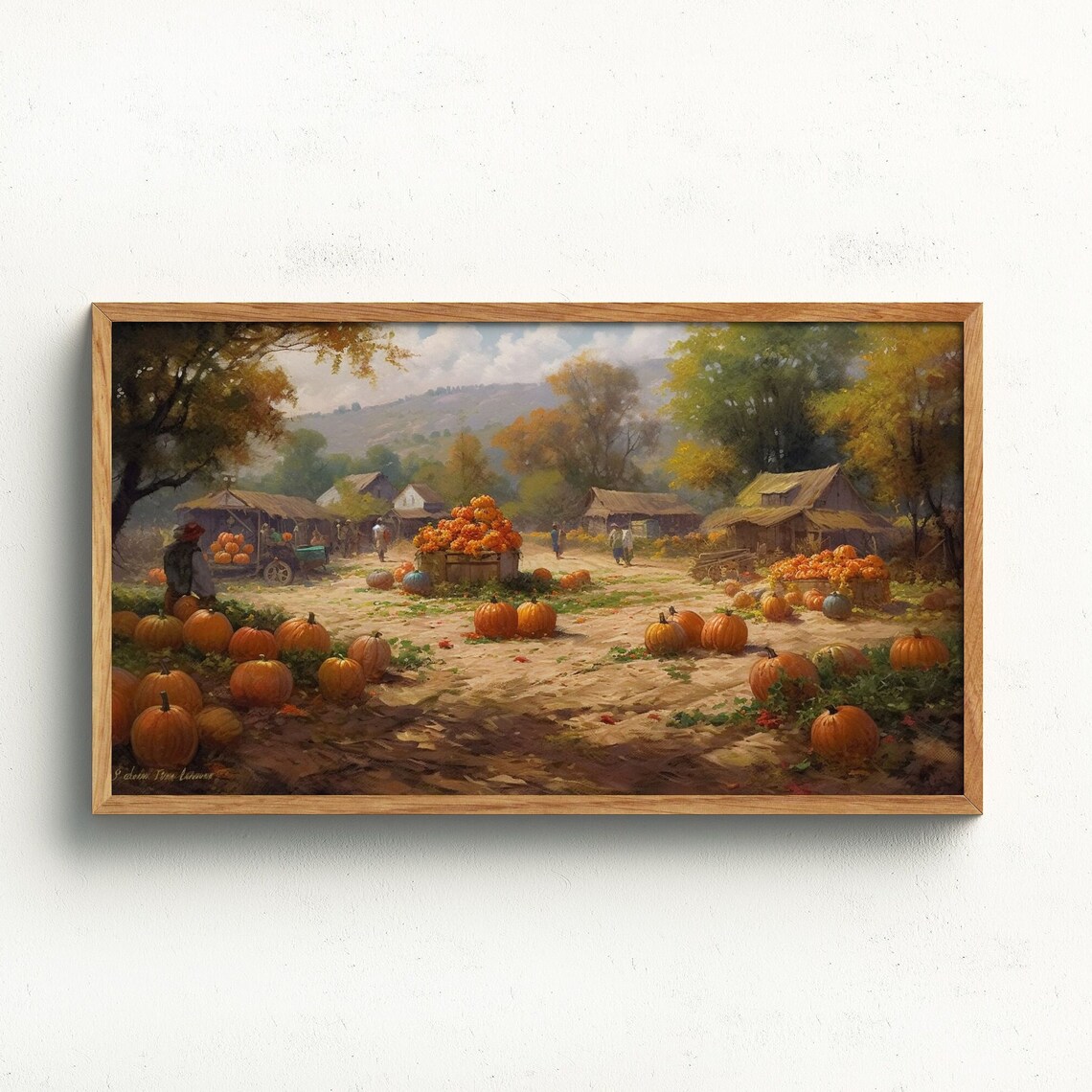 Vintage Pumpkin Market Village Harvest Scene Autumn Fall Landscape Oil Painting Print