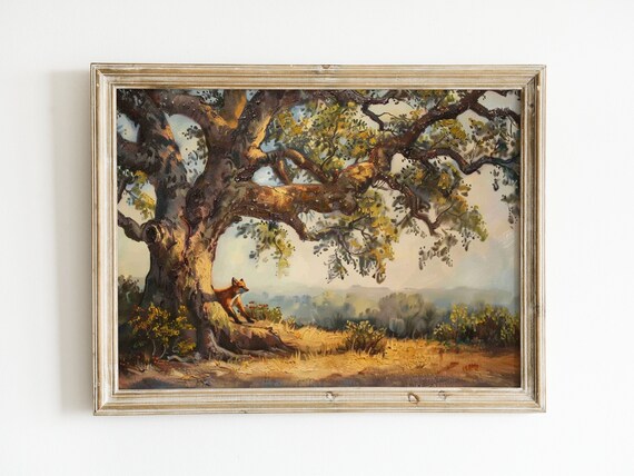 Red Fox Resting Under a Great Oak Tree Vintage Landscape Painting Poster