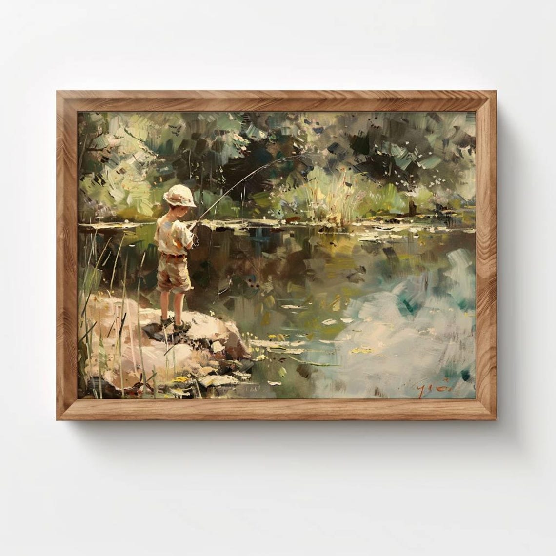 Vintage Boys Room Art Boy Fishing In A Pond Painting Wall Decor Print Boys Nursery Artwork - Image 2