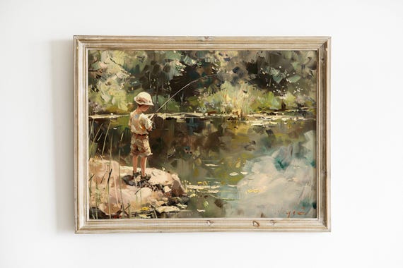 Vintage Boys Room Art Boy Fishing In A Pond Painting Wall Decor Print Boys Nursery Artwork