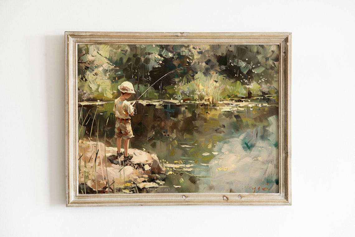 Vintage Boys Room Art Boy Fishing In A Pond Painting Wall Decor Print Boys Nursery Artwork