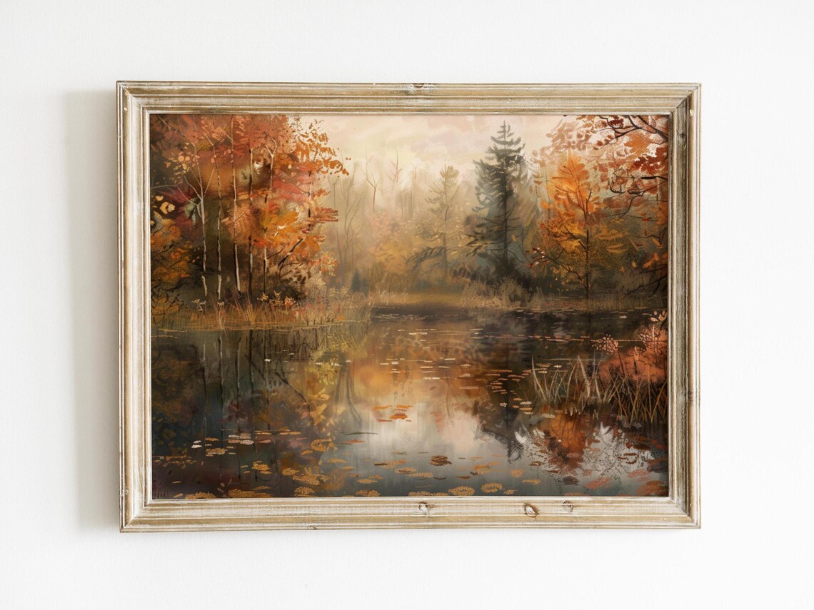 Vintage Fall Pond Landscape, Rustic Farmhouse Art Print