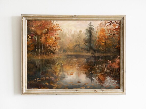 Vintage Fall Pond Landscape, Rustic Farmhouse Art Print