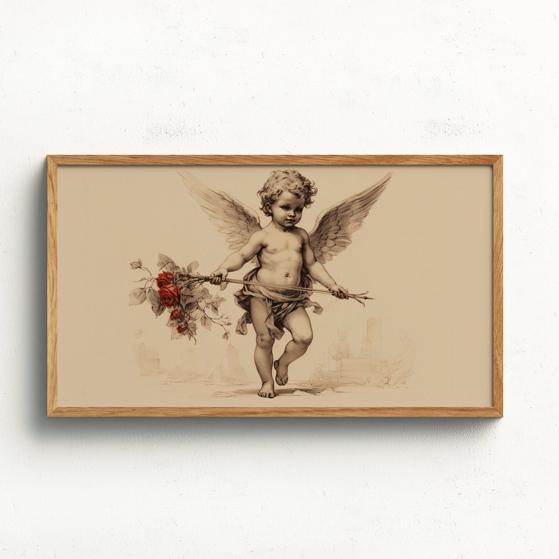 Vintage Cupid Sketch With Bow And Roses Valentine Romance Art Print