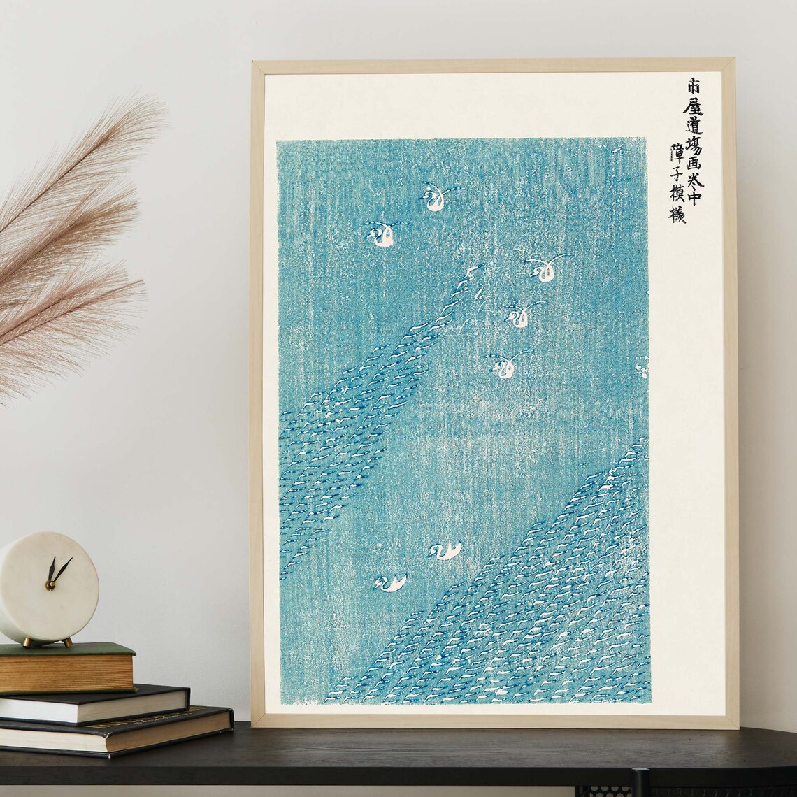 Teal Blue Lake With White Birds Modern Japanese Woodblock Poster - Image 4