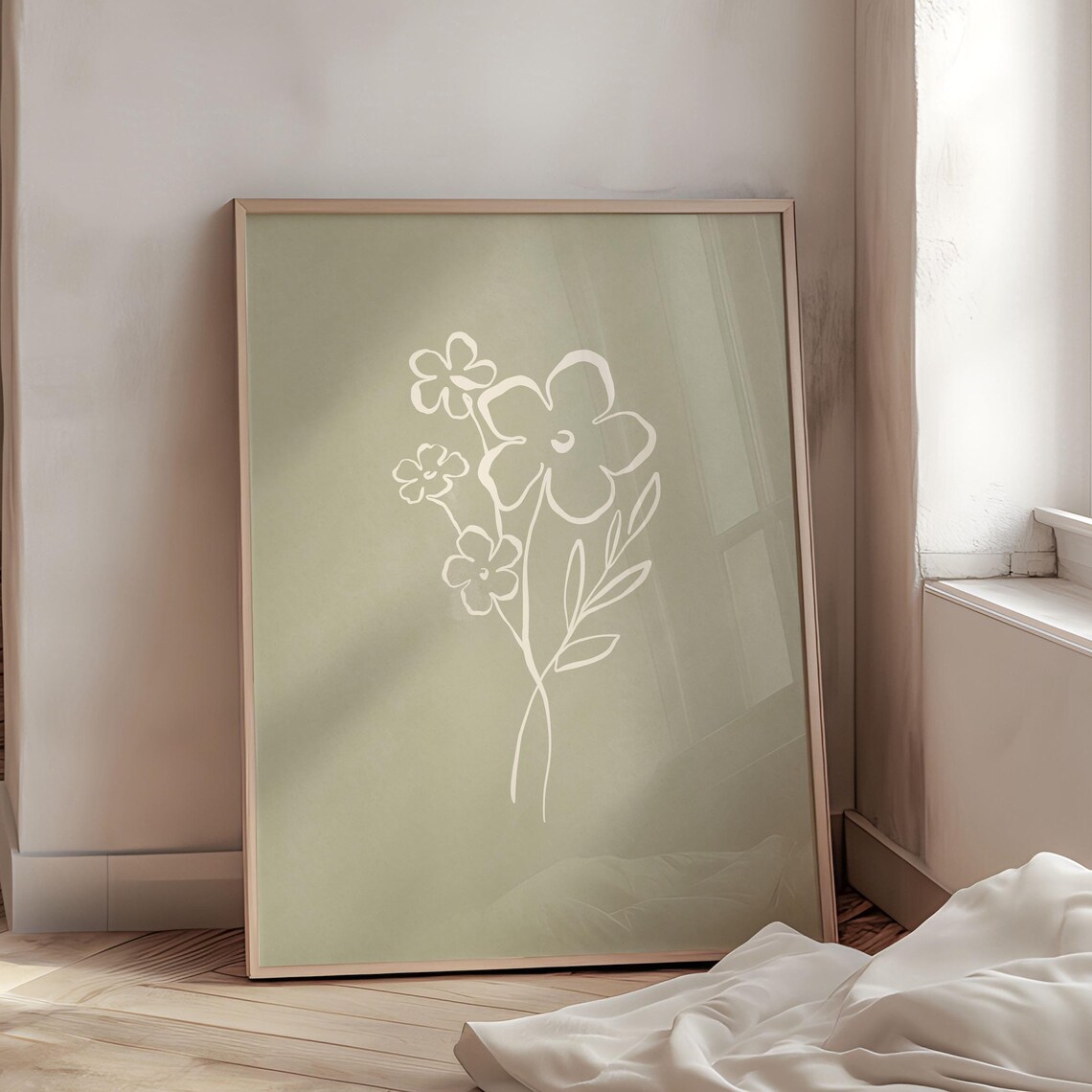 Minimal Floral Sage Green Botanical Line Art Print