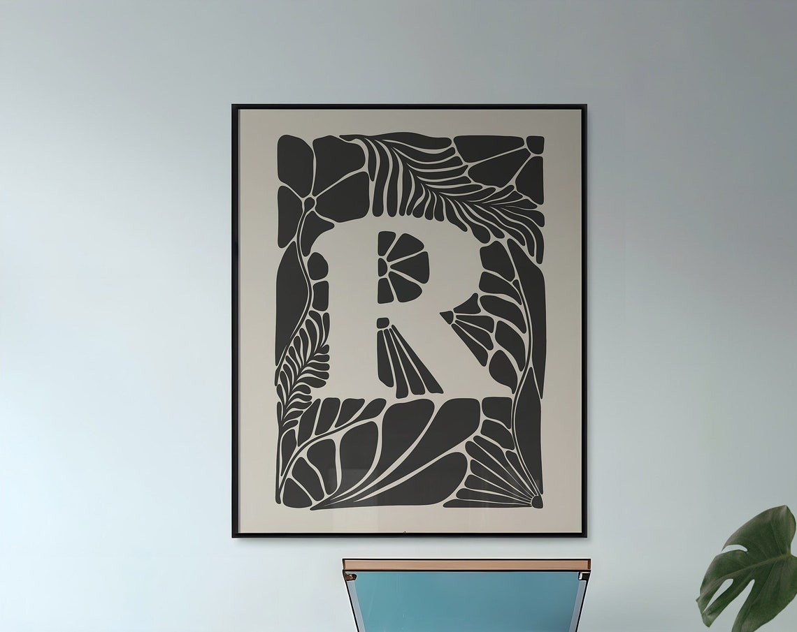 Letter R Botanical Initial Monogram Black Leaf Pattern Art Print