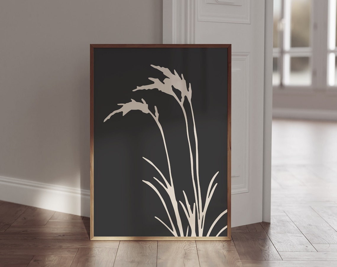 White Grass Reeds Silhouette on Black Minimal Botanical Poster - Image 2