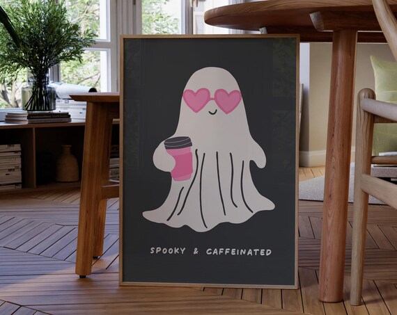 Spooky and Caffeinated Cute Ghost Coffee Pink Heart Glasses Poster