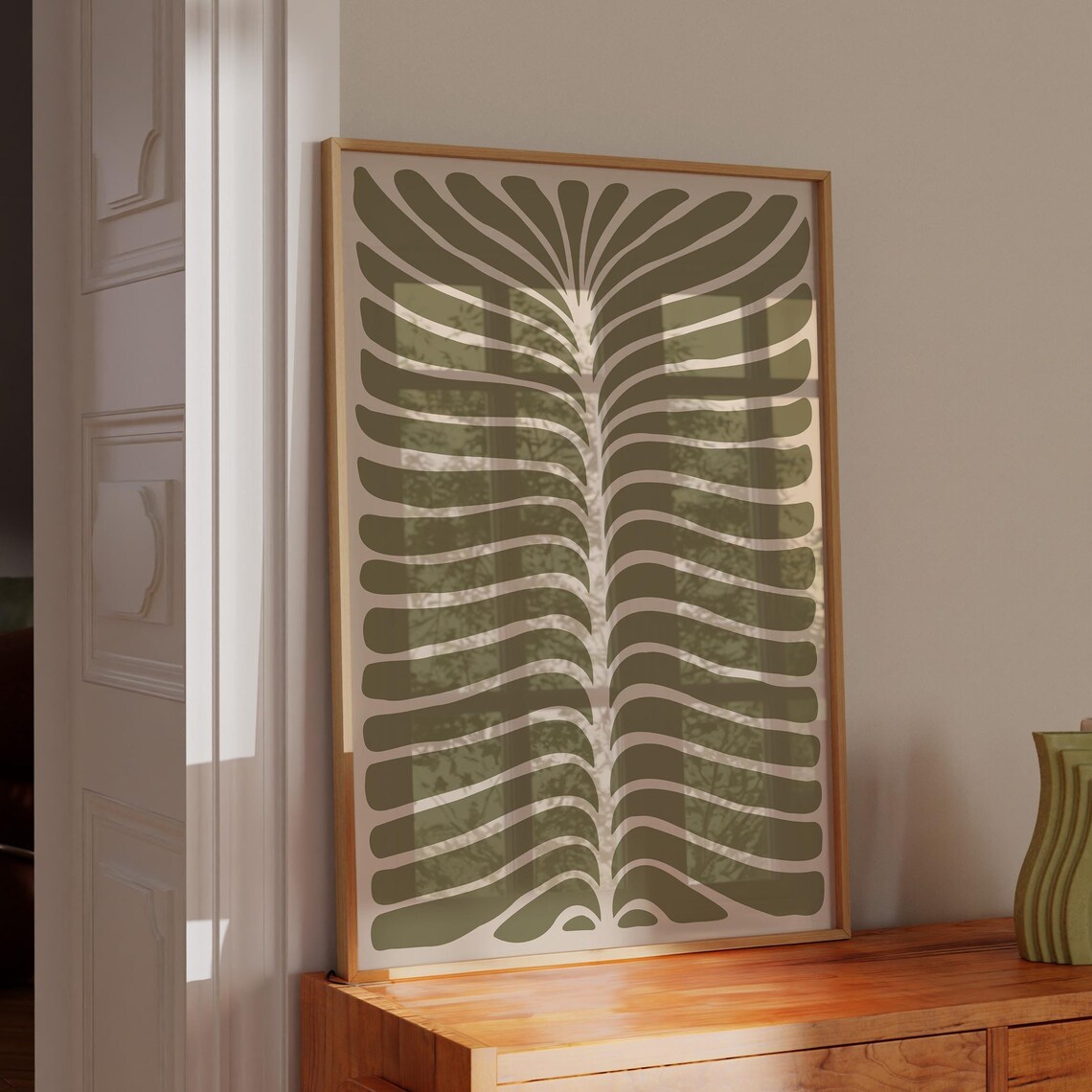 Mid Century Modern Green Leaf Abstract Organic Line Art Print