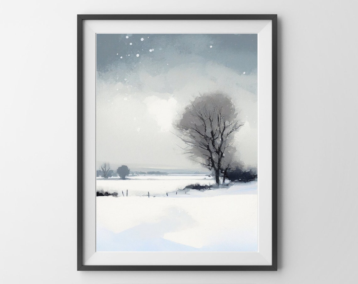 Snowy Prairie Winter Landscape Painting Lone Tree Falling Snow Poster - Image 4