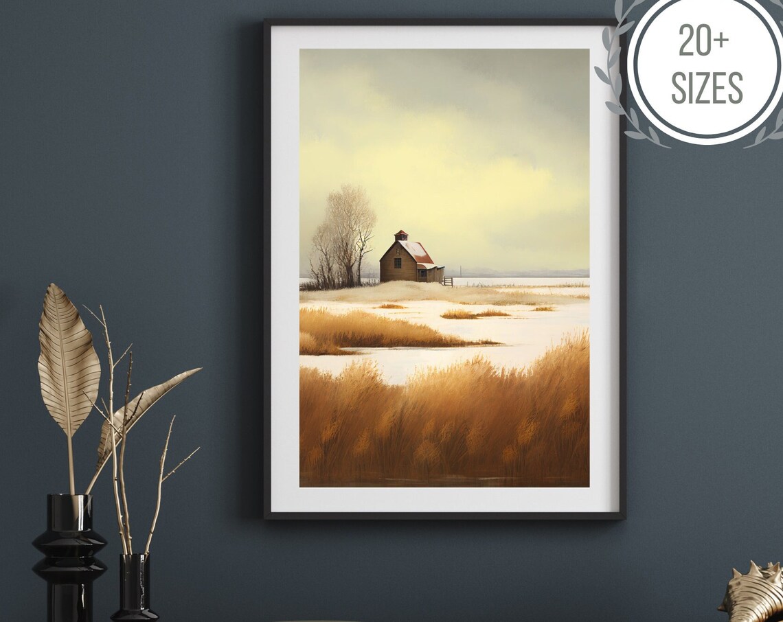 Winter Prairie Homestead with Barn Golden Grass Snow Landscape Painting Poster