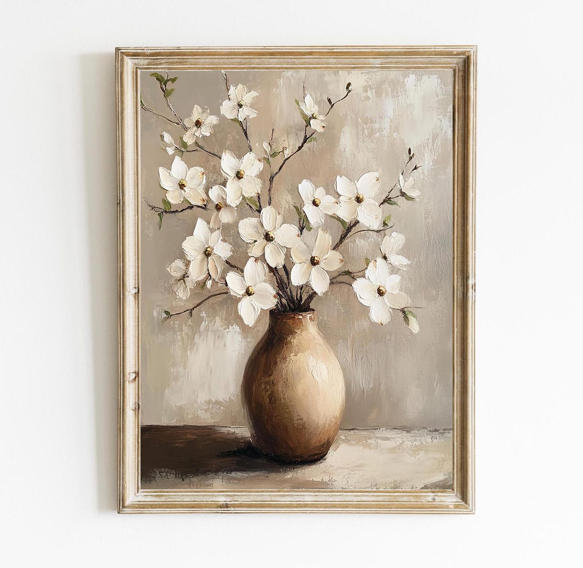 White Blossom Branches In Ceramic Vase Neutral Botanical Art Print