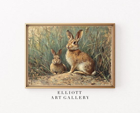 Two Brown Rabbits in Tall Grass Vintage Farmhouse Animal Print