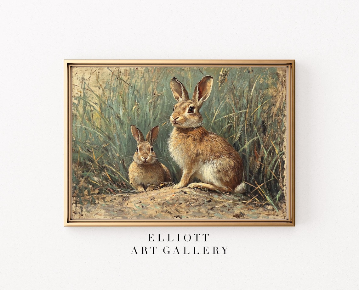 Two Brown Rabbits in Tall Grass Vintage Farmhouse Animal Print