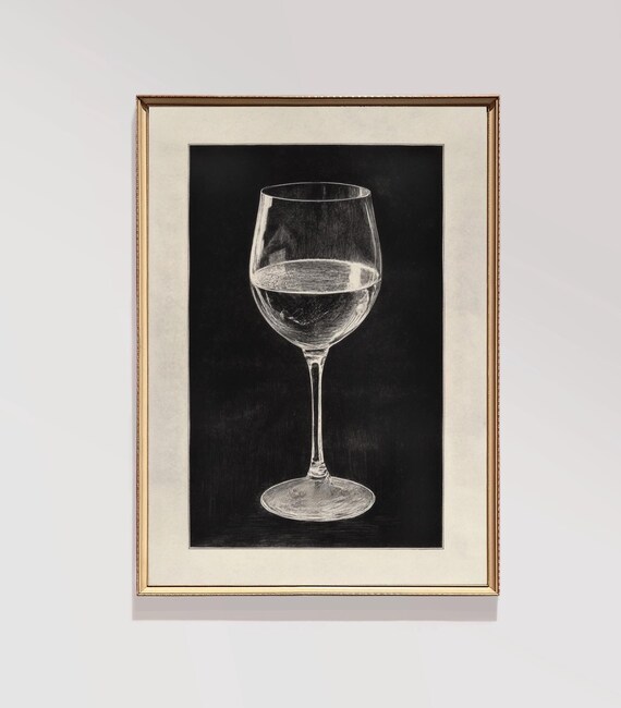 Vintage Wine Glass Pencil Sketch Moody Black Kitchen Bar Cart Art Print