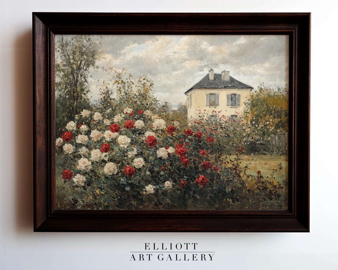 Rose Cottage Garden Blooming Roses Country House Impressionist Poster