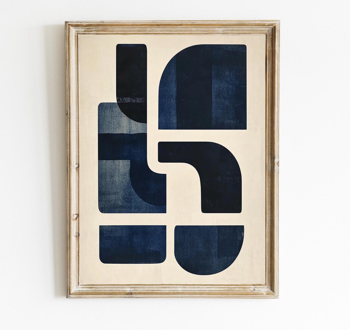 Navy Blue Beige Mid Century Geometric Abstract Shapes Art Print