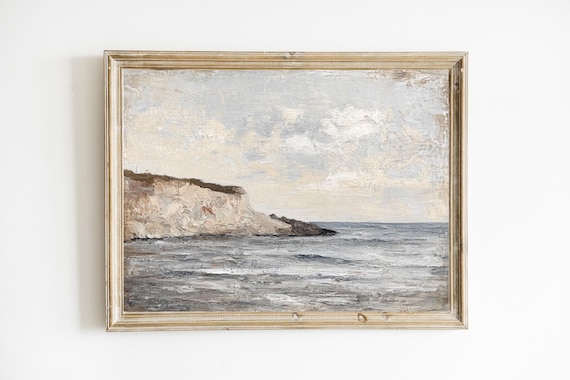 Neutral Coastal Seascape with Rocky Cliffs Vintage Ocean Poster Art