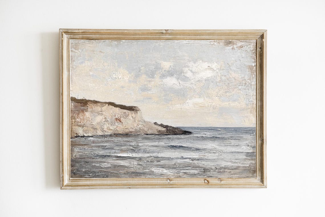 Neutral Coastal Seascape with Rocky Cliffs Vintage Ocean Poster Art