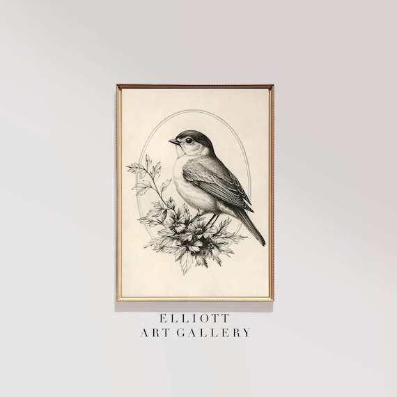 Vintage Winter Bird Engraving Print with Songbird and Wildflowers