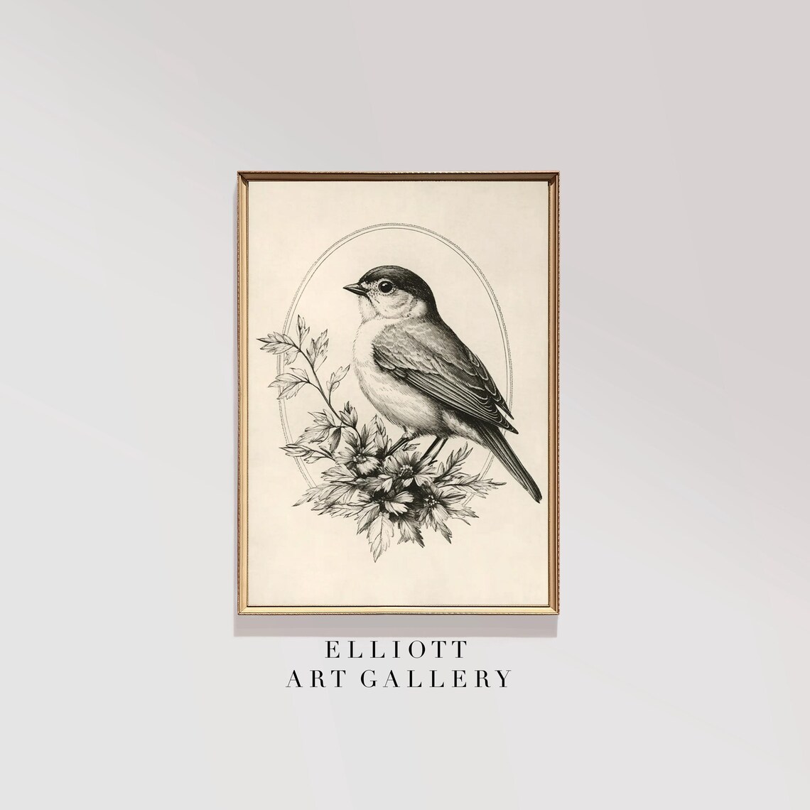 Vintage Winter Bird Engraving Print with Songbird and Wildflowers