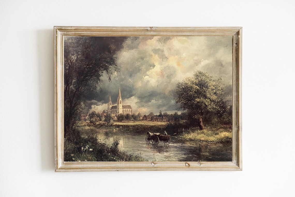Old European Church Riverside Horse Cart Vintage Oil Countryside Print