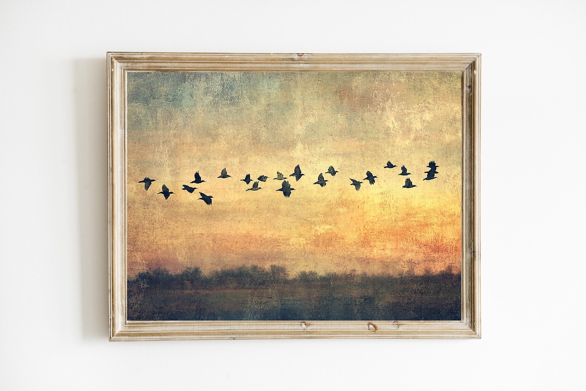 Sunset Birds In Flight Poster Golden Countryside Sky Rustic Farm Art